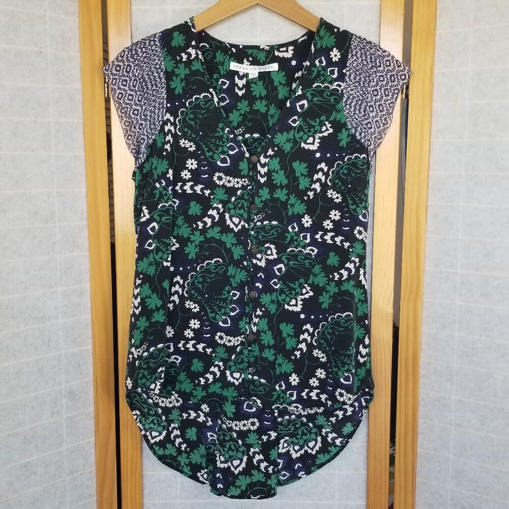 Veronica Beard 100% Silk Cap Sleeve Blouse Floral Button Up Size 2 EUC